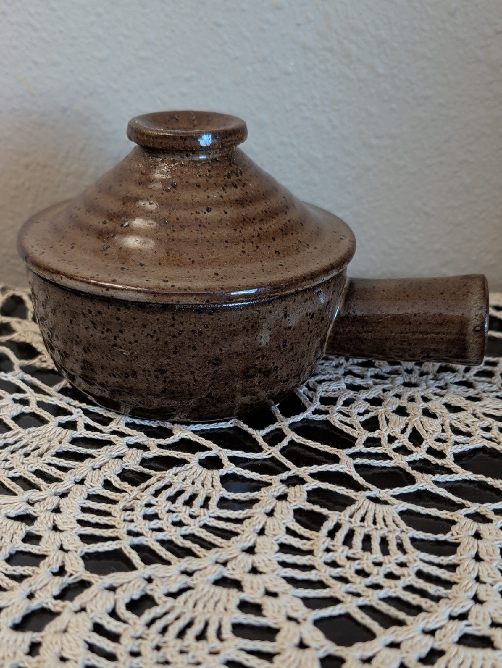 Speckled Brown Ceramic Pottery Stoneware Lidded Crock with Side Handle Vintage